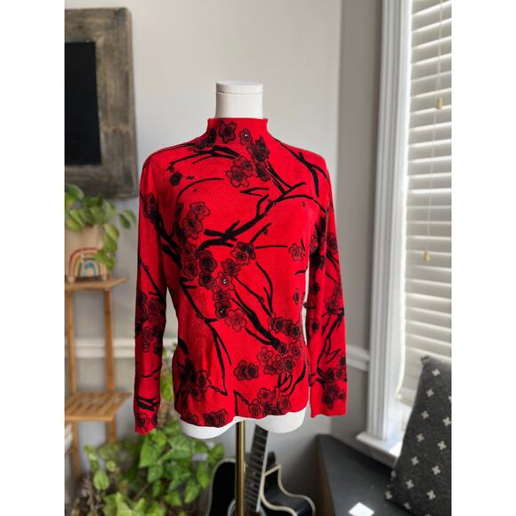 Vintage 90s Red and Black Floral Sequin Mockneck Knit Sweater Size Medium - Picture 2 of 5